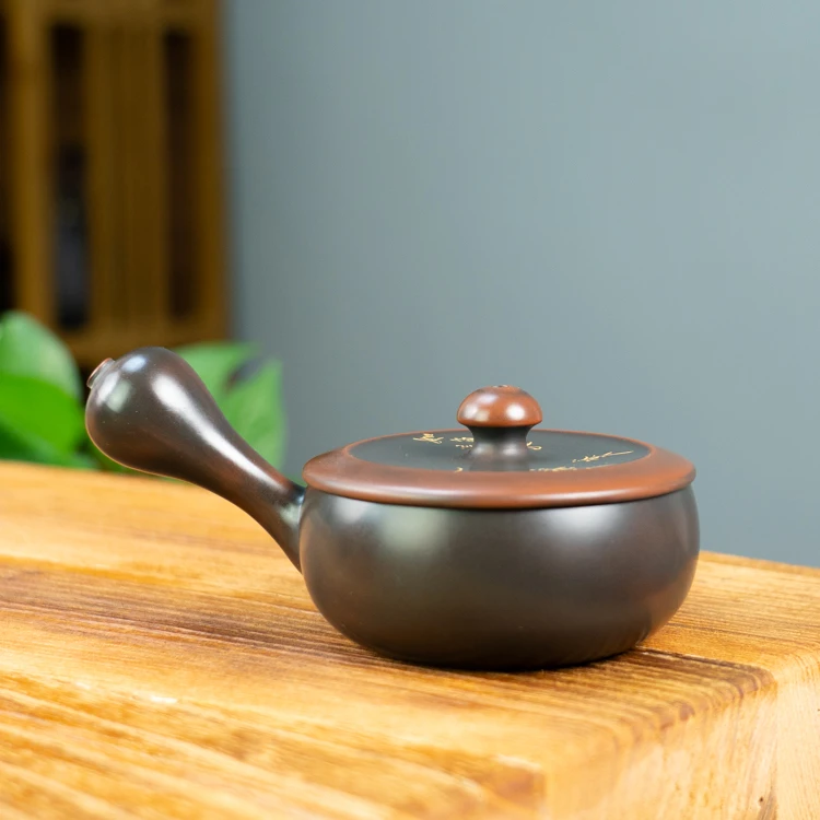 坭兴陶茶壶 大口盖 ”平底锅“茶壶个性茶壶创意泡茶侧把家用泡茶器