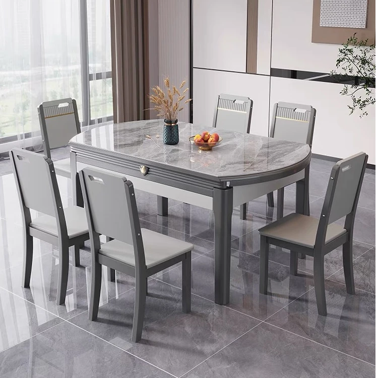 实木岩板餐桌家用小户型方形可伸缩饭桌椅轻奢组合两用饭桌子