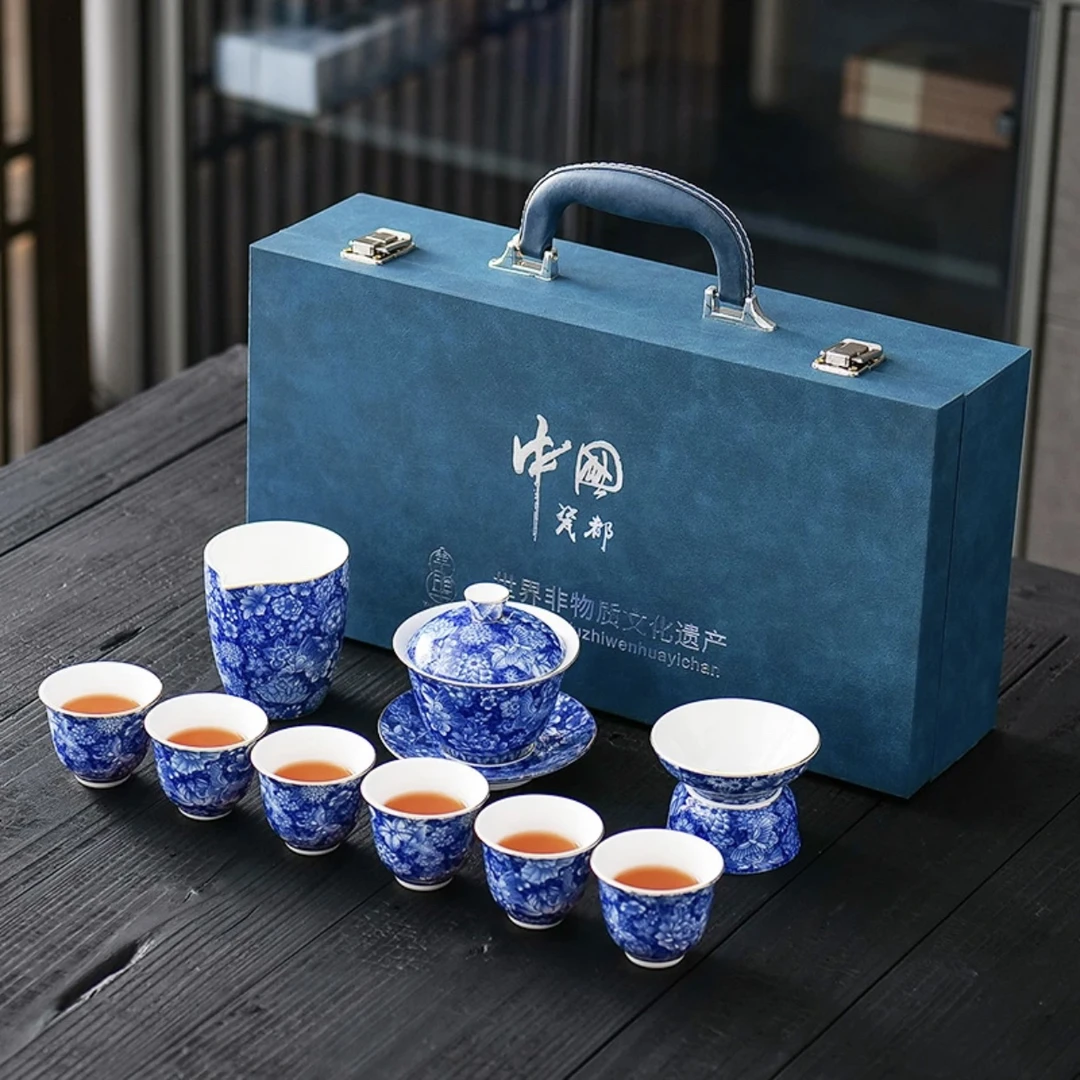 A-75青花描金功夫茶具套装中式茶盖碗高档礼盒