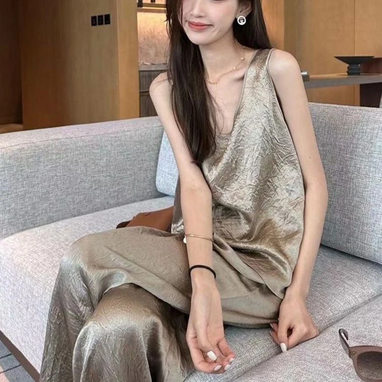 时尚套装2024夏季醋酸肌理感无袖背心上衣女高腰垂感阔腿裤两件套