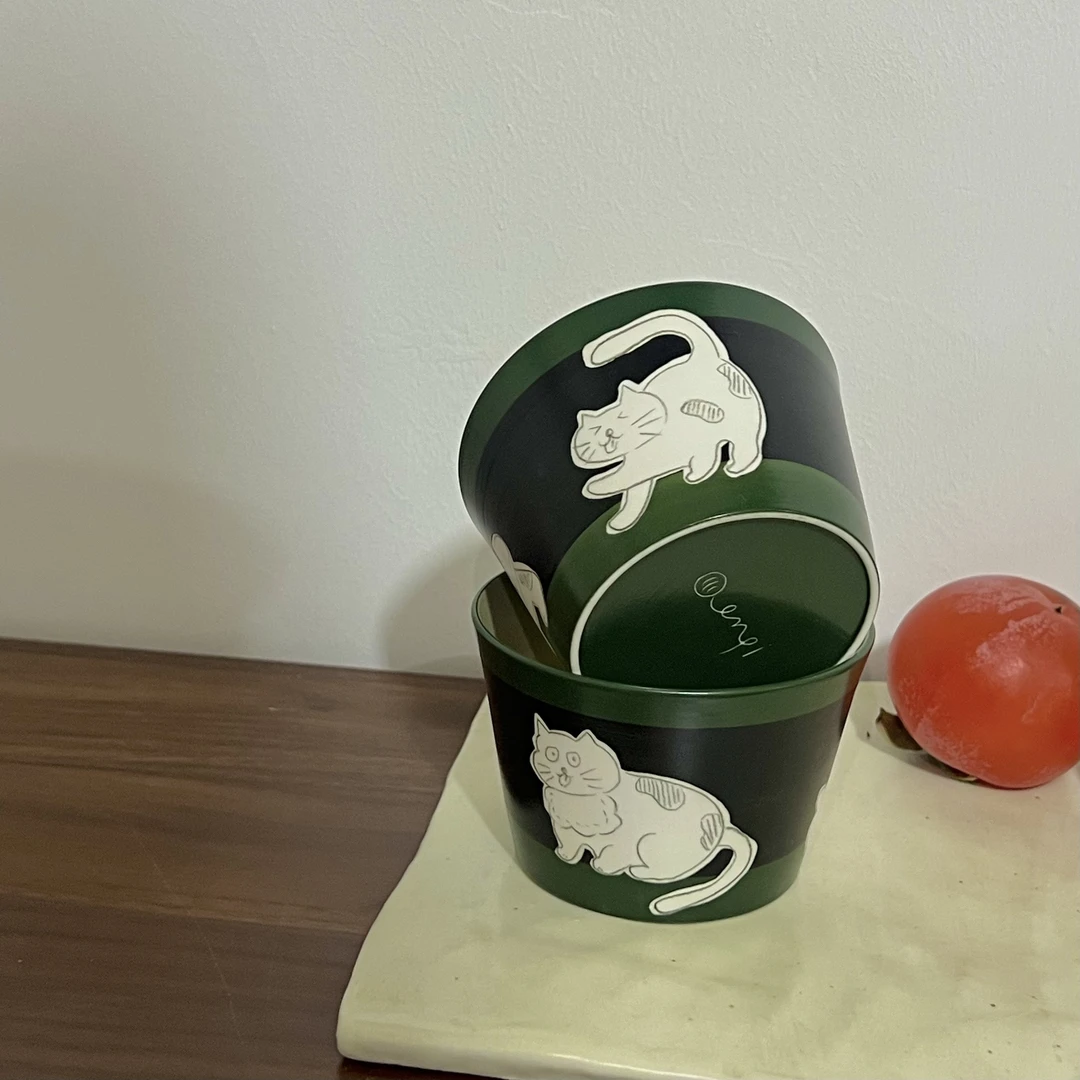 兮陶 复古绿 猫猫猪口杯（容量：160ml）005