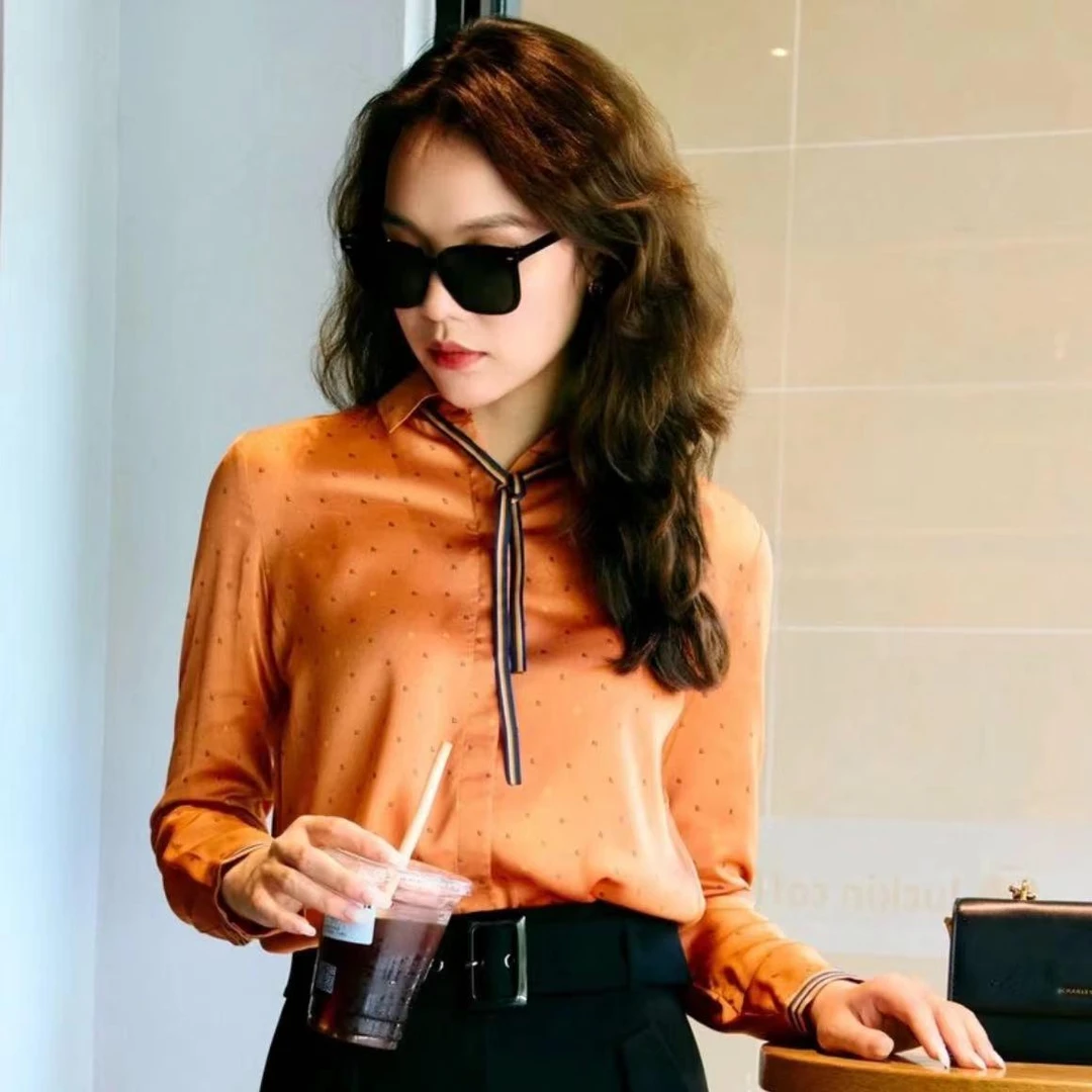 GIRDEAR/哥弟气质浪漫印花翻领飘带设计感长袖衬衫女士1300373