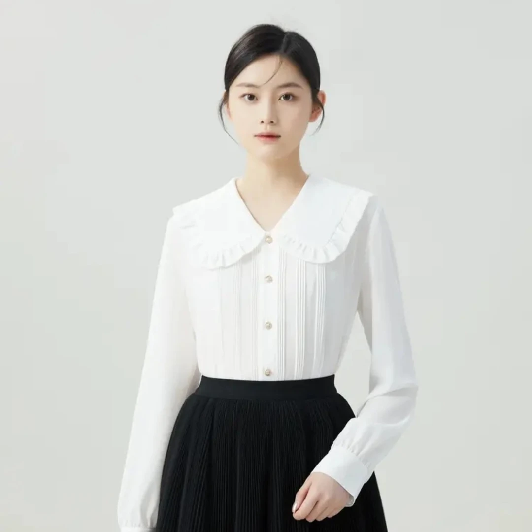 哥弟新款简约复古减龄彼得潘领精美长袖衬衫1300916-1118861-001