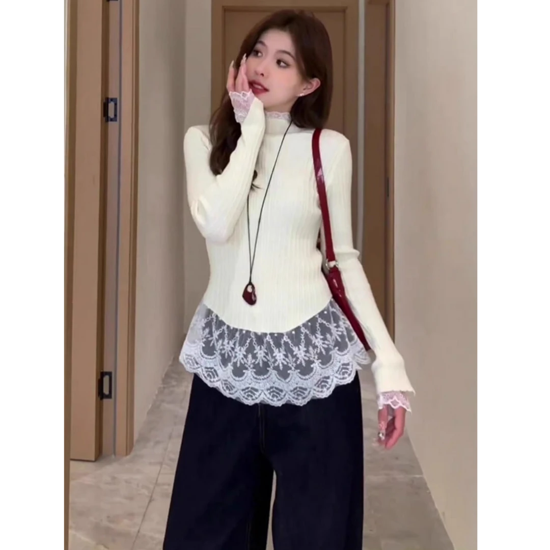 蕾丝拼接半高领针织衫女秋冬大衣内搭高级感长袖假两件毛衣打底衫