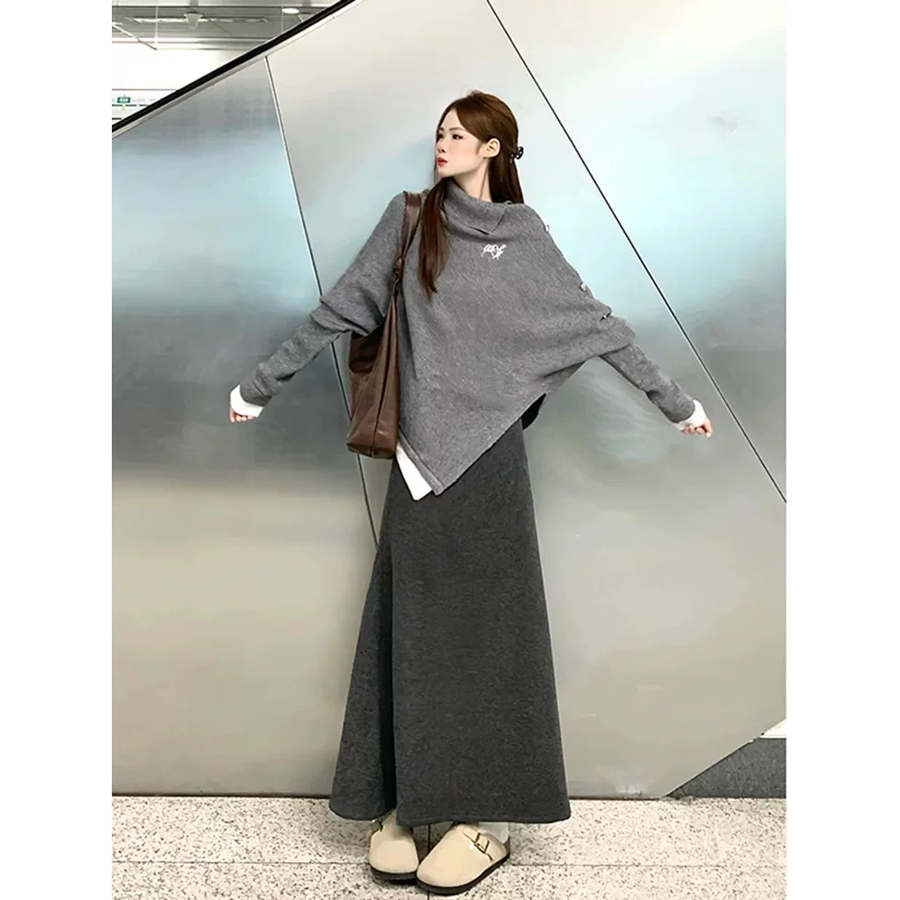 灰色鱼尾裙女秋冬2025新款高腰a字裙显瘦包臀裙轻欧中长款半身裙