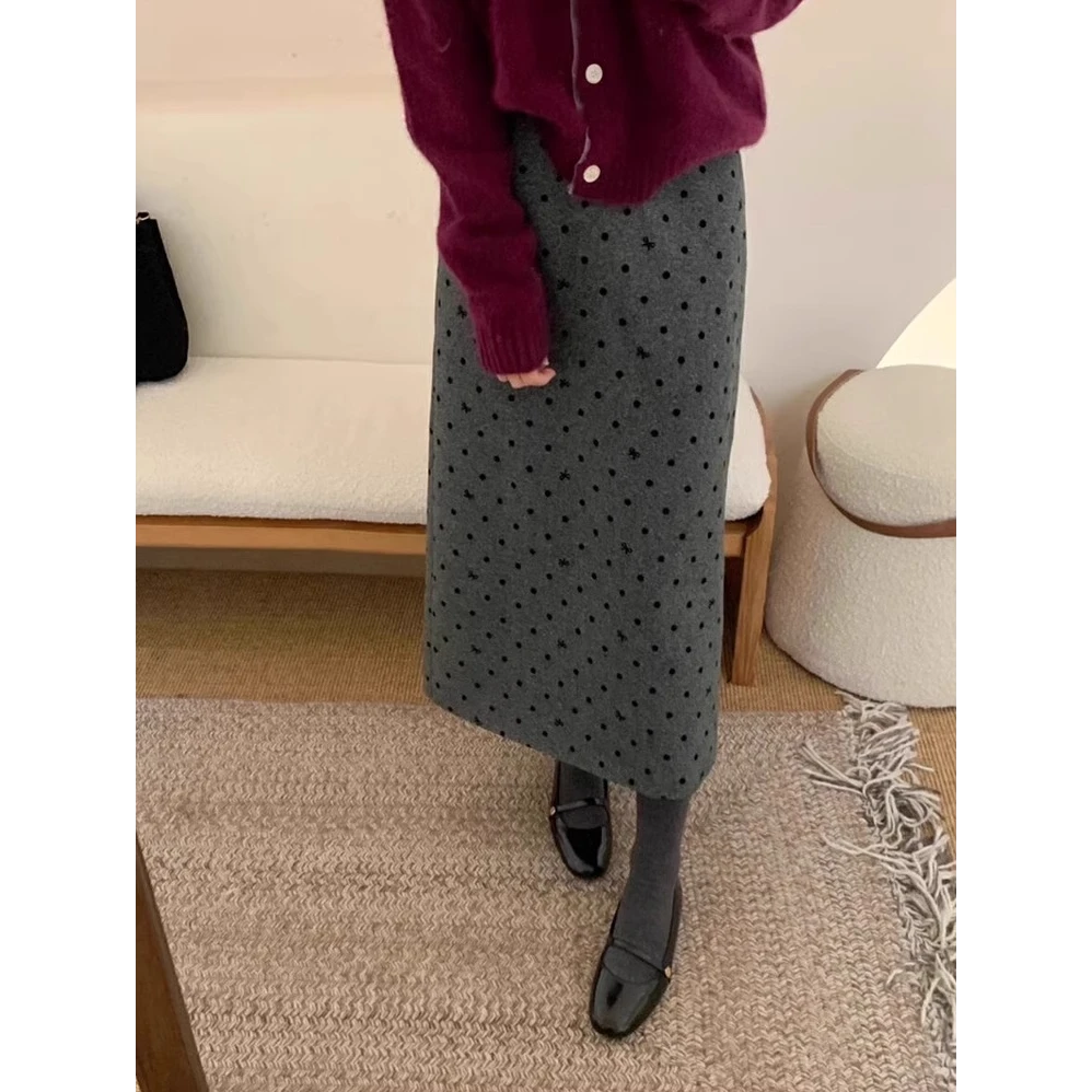 韩系灰色波点毛呢半身裙女秋冬梨形身材直筒裙后开衩中长款a字裙