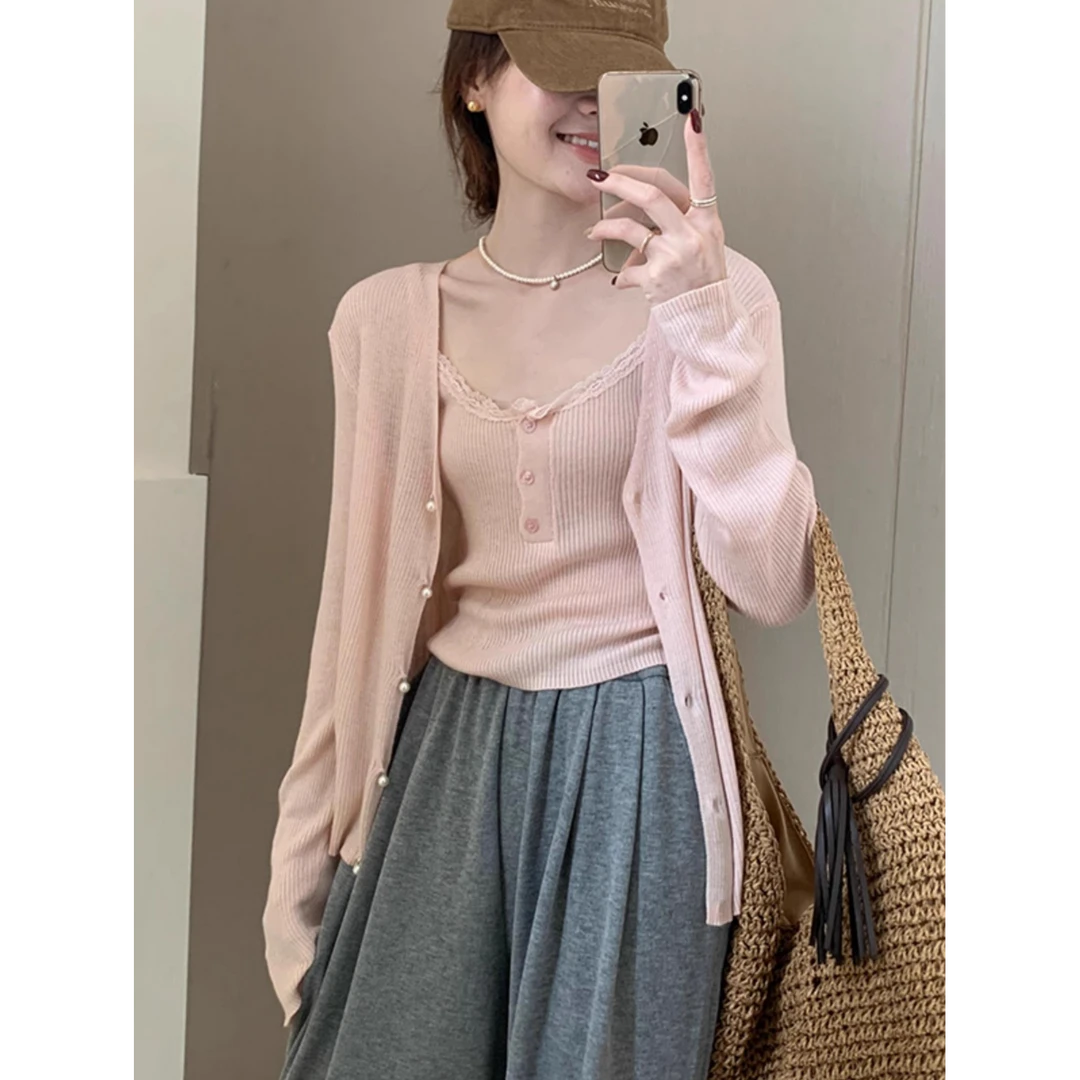 粉色针织开衫女一整套入秋穿搭2024新款吊带背心外搭短款外套上衣