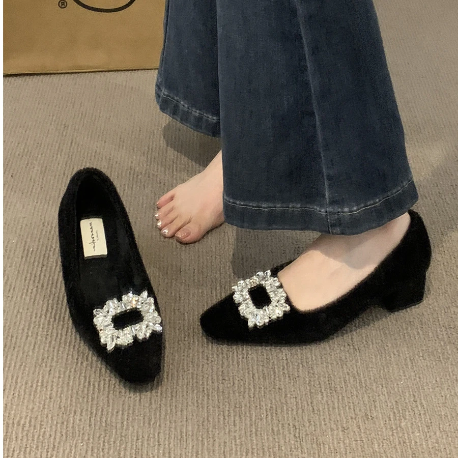 【真皮材质】高级感外穿女鞋加绒棉鞋水钻方扣粗跟毛绒单鞋G530