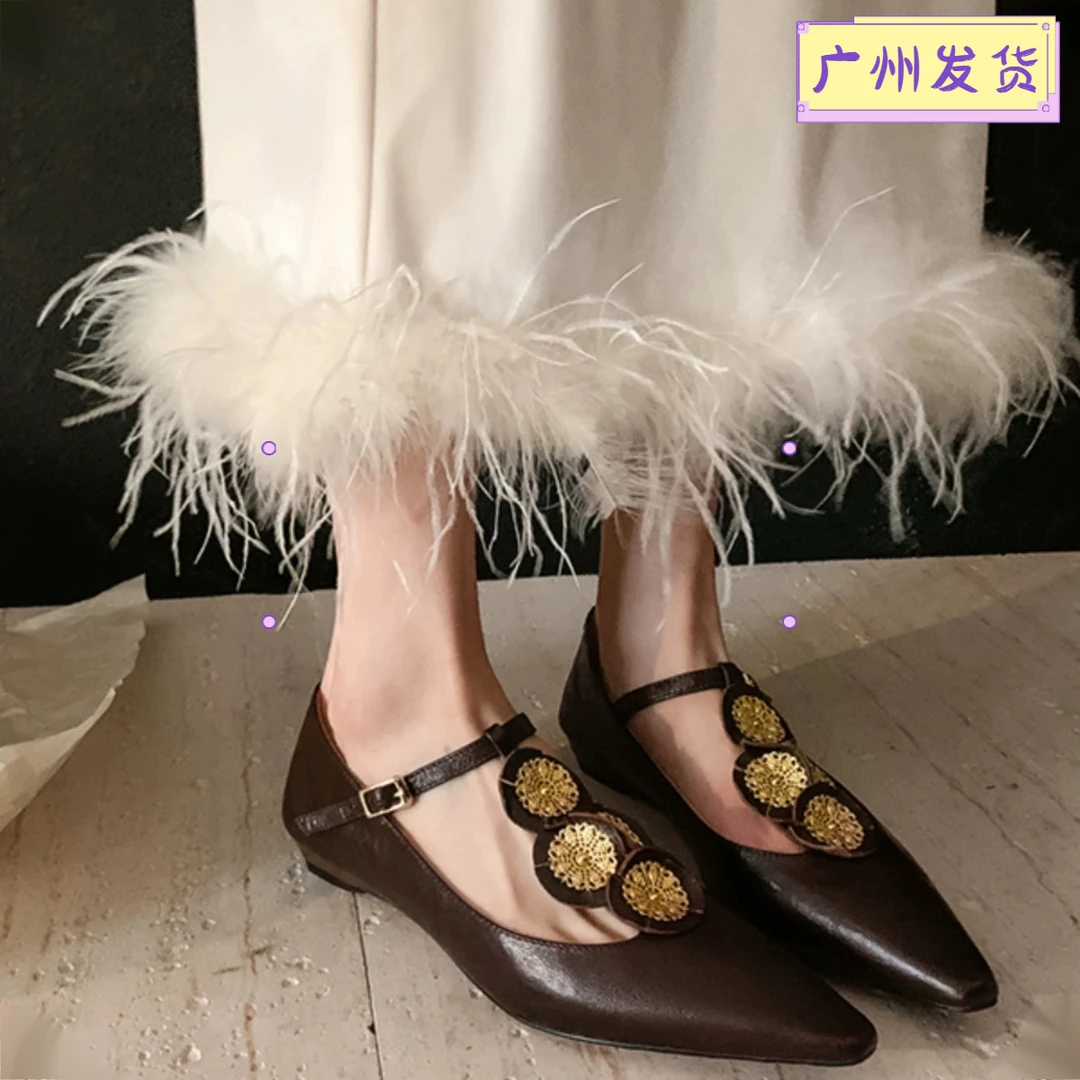 【真皮材质】百搭重工复古尖头平底鞋浅口低跟中古风单鞋D813