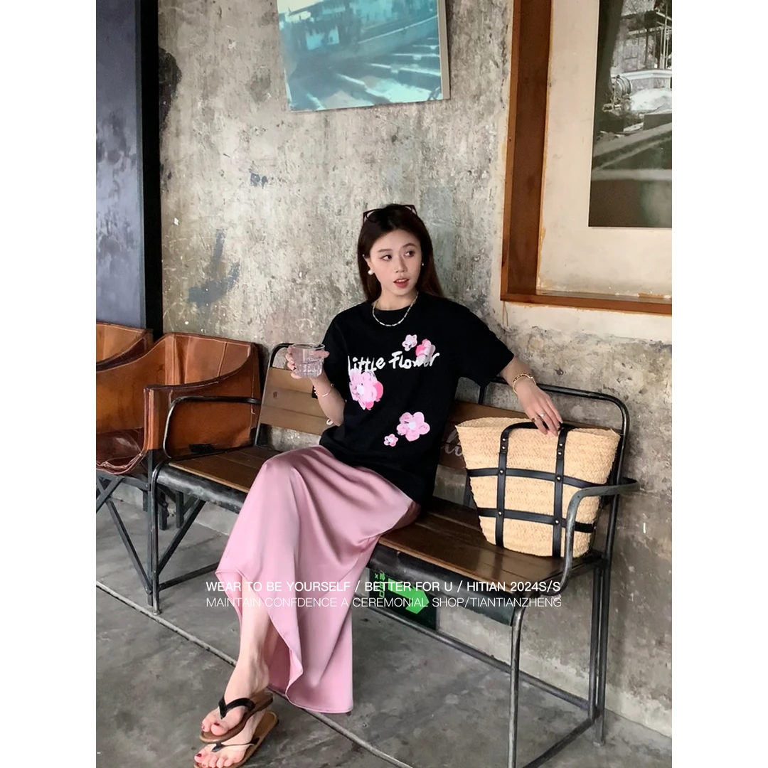 Hitian 恬恬郑 印花T恤女短袖时尚圆领百搭2025夏季新款CE1809