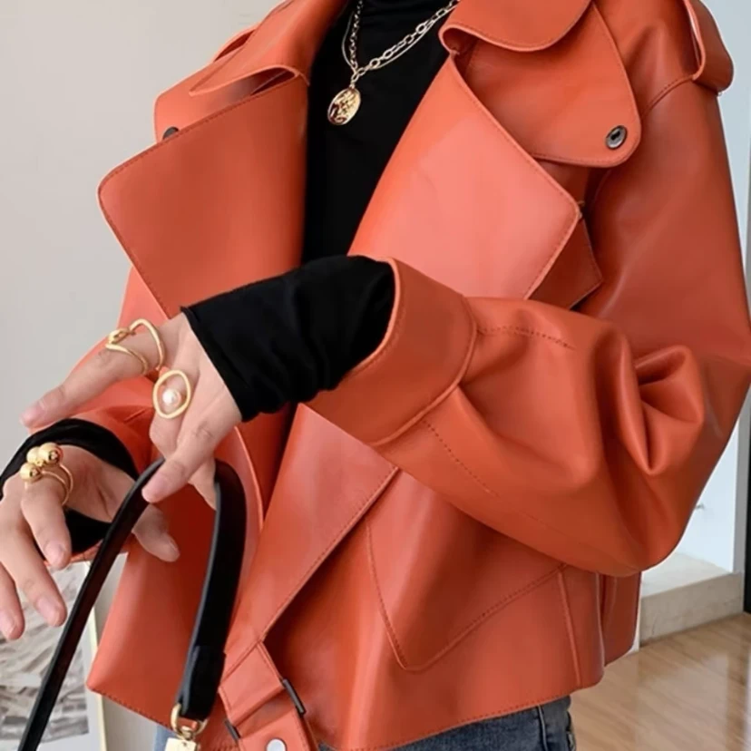 爱马橙色时尚宽松显瘦皮衣