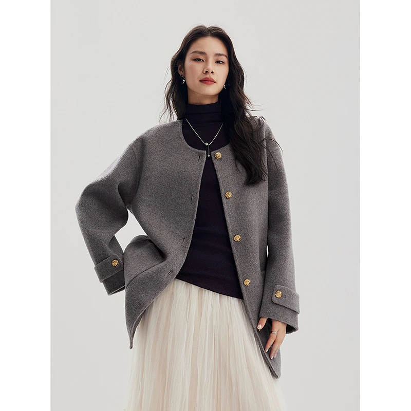 初棉【开仓】定制CE*风定制皱金扣一手长毛呢外套厚款356666005