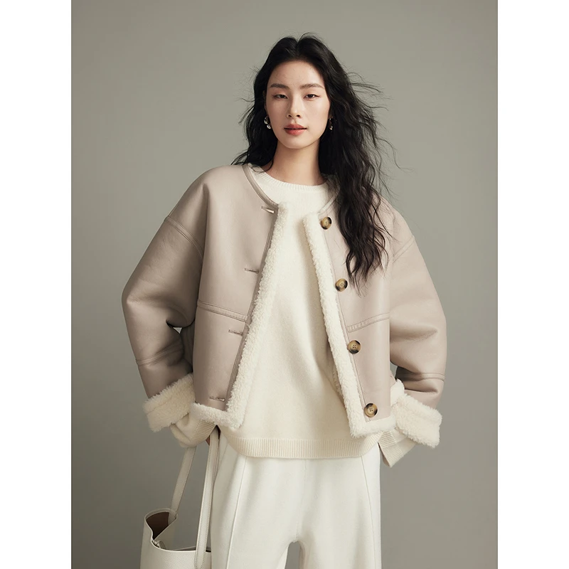 初棉【反季专场】双面可穿圆领皮毛一体毛呢外套357666004