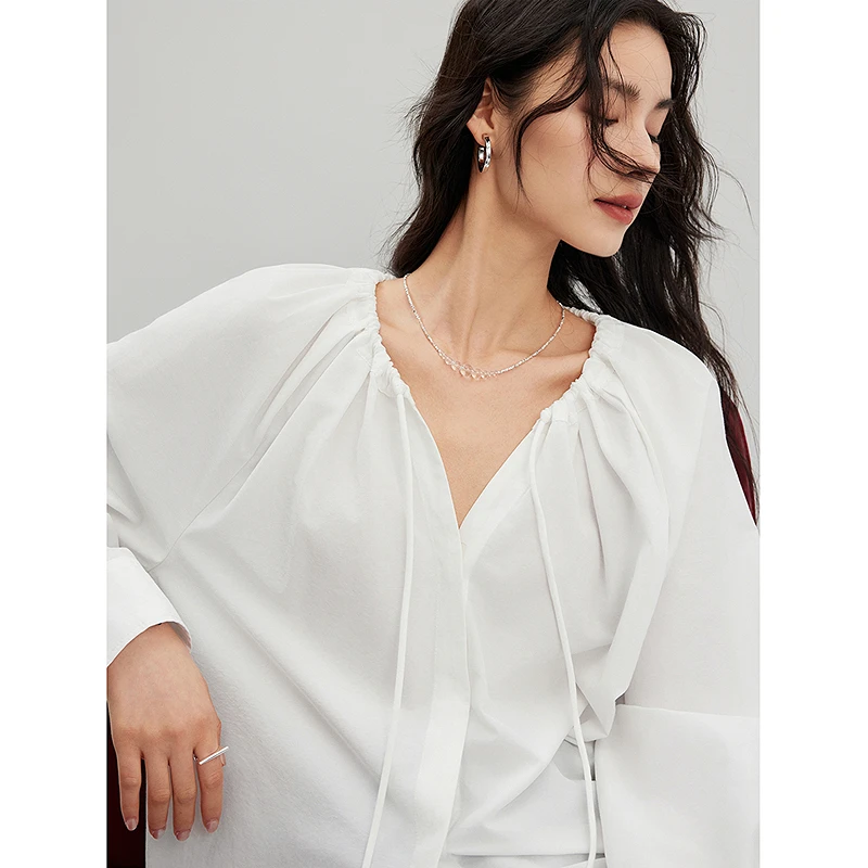 【初棉】DRDB设计感百搭褶皱小众气质圆领领抽绳衬衫356604015