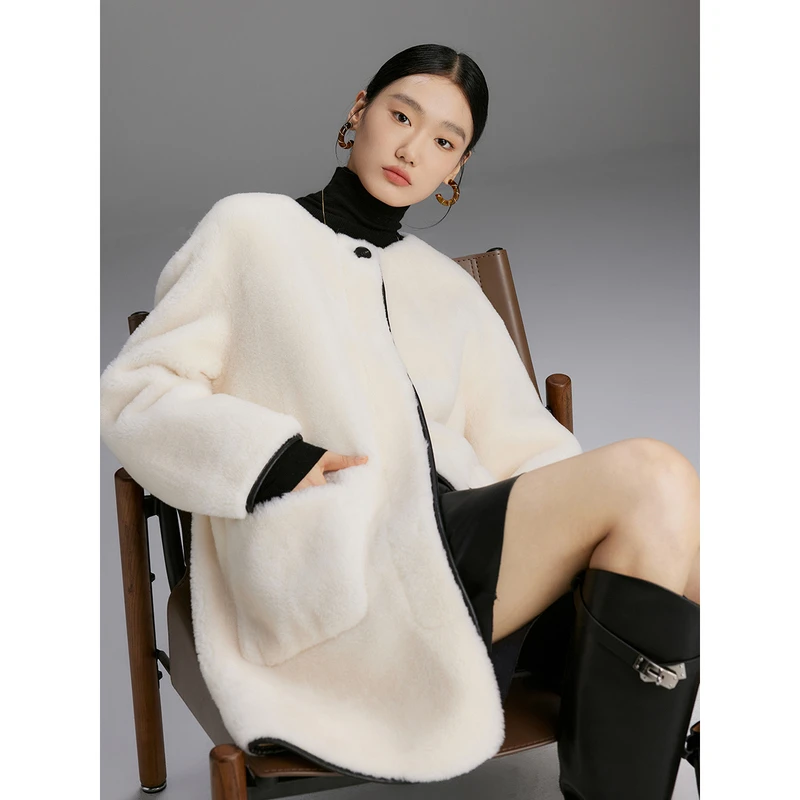 初棉阿娇【贵气MIU】羊羔毛外套中长款小香风颗粒羊毛外套346666002