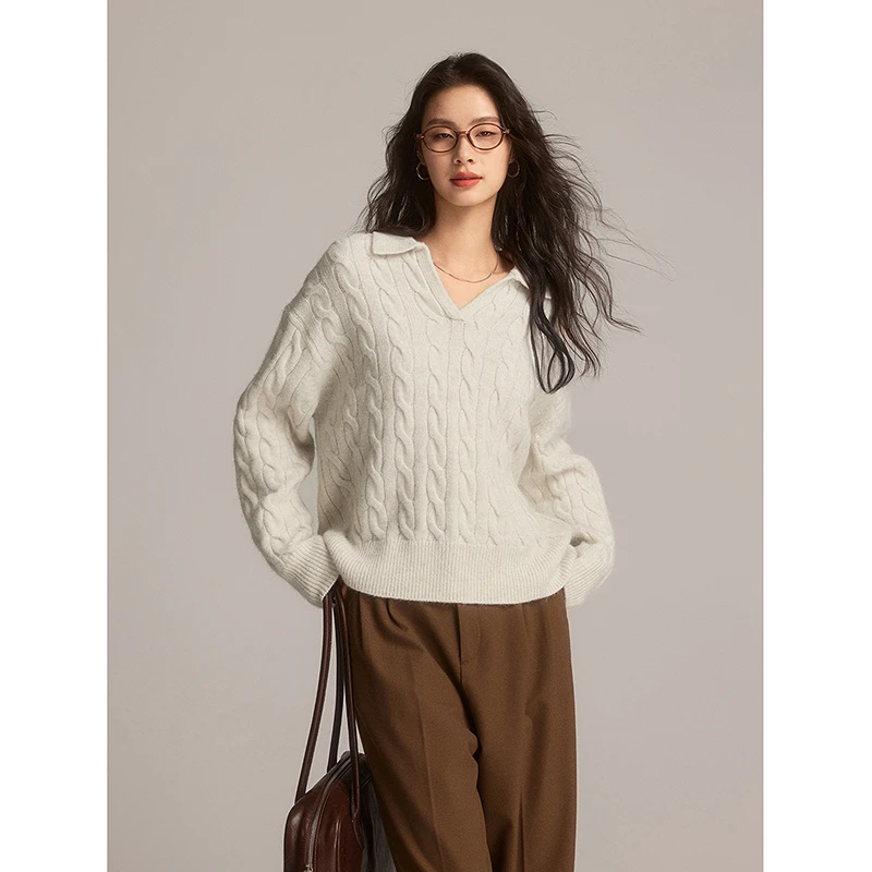 初棉【500g美丽诺羊毛羊驼】POLO领半开襟绞花针织毛衣356605004