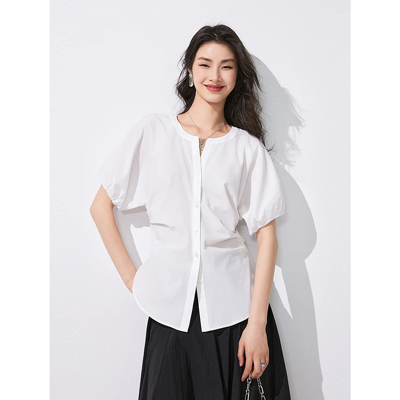 初棉SS52轻法式设计感收腰泡泡袖衬衫短袖气质小众353604019