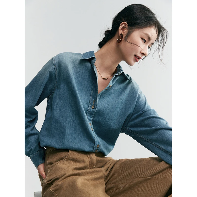 初棉【美式街头】渐变水洗全棉牛仔衬衫时尚复古显瘦346604016