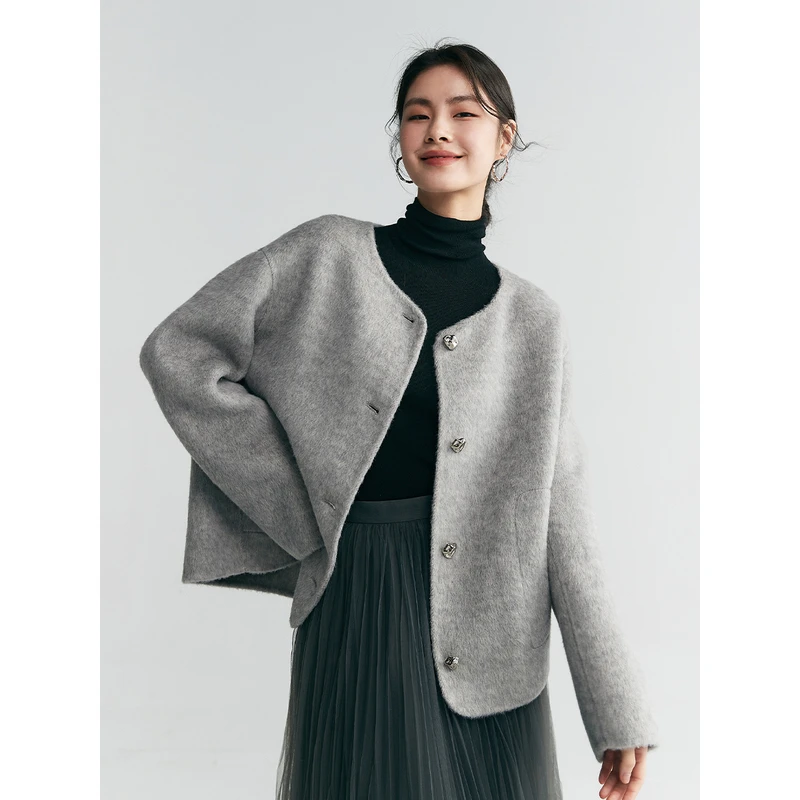 初棉【海瑟琳CE*风】绵羊毛兔毛蚕丝毛呢长毛短款外套346666004