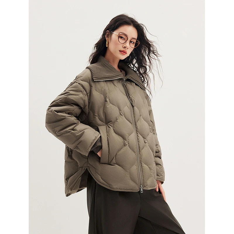 初棉【开仓】90白鹅绒葫芦绗线针织翻领羽绒服女356615007