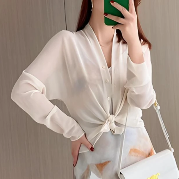 百搭显瘦气质优雅乔其纱通勤长袖衬衫夏季薄款V领防晒上衣小外套