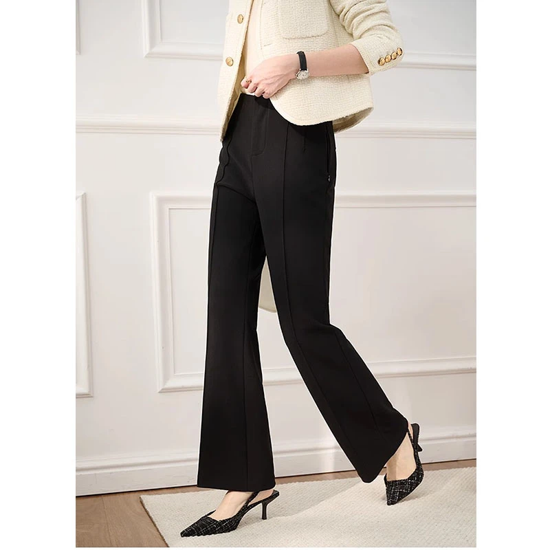 飒美小黑裤~鱼骨线立裁高腰通勤显瘦弹力提臀黑色休闲微喇裤女