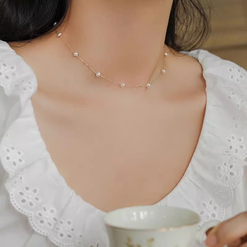 钛钢项链 法式甜美风满天星仿珍珠锁骨链钛钢不掉色项链气质女