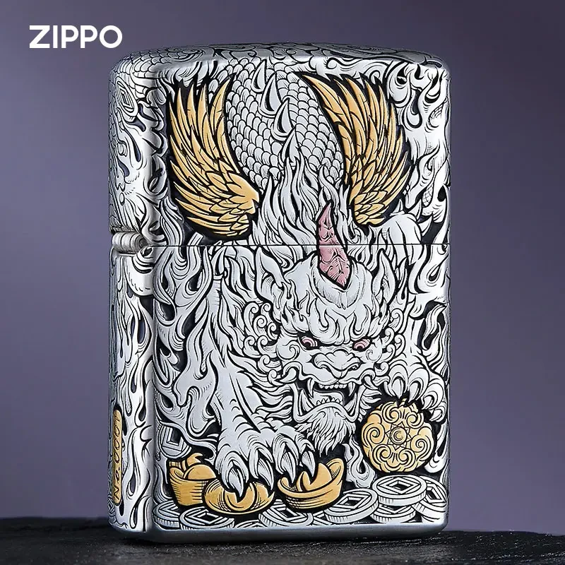 ZIPPO九朽错金银白钢套壳貔貅晴朗重甲正品个性打火机DY9904JY