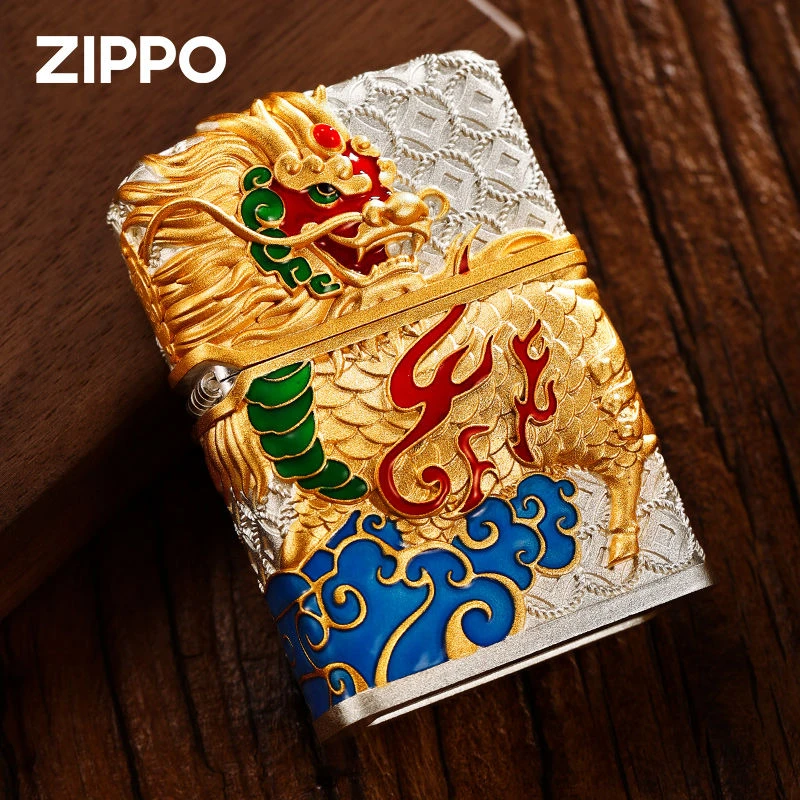 ZIPPO打火机花丝夜光珐琅火麒麟长辈国潮礼品个性男防风原装DY