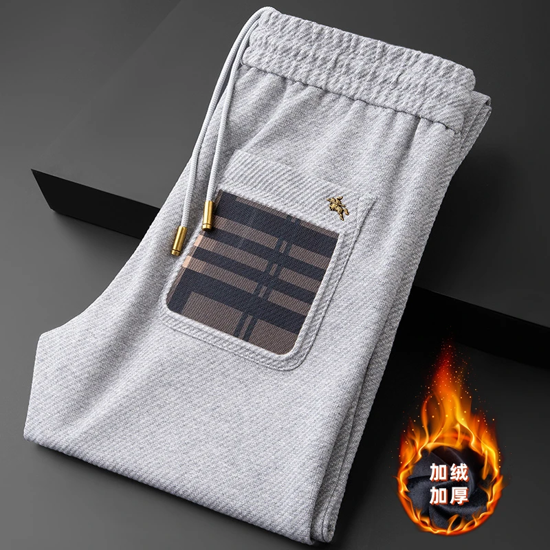 秋冬加绒加厚保暖白色休闲裤男潮流肌理斜纹提花格纹男士运动卫裤