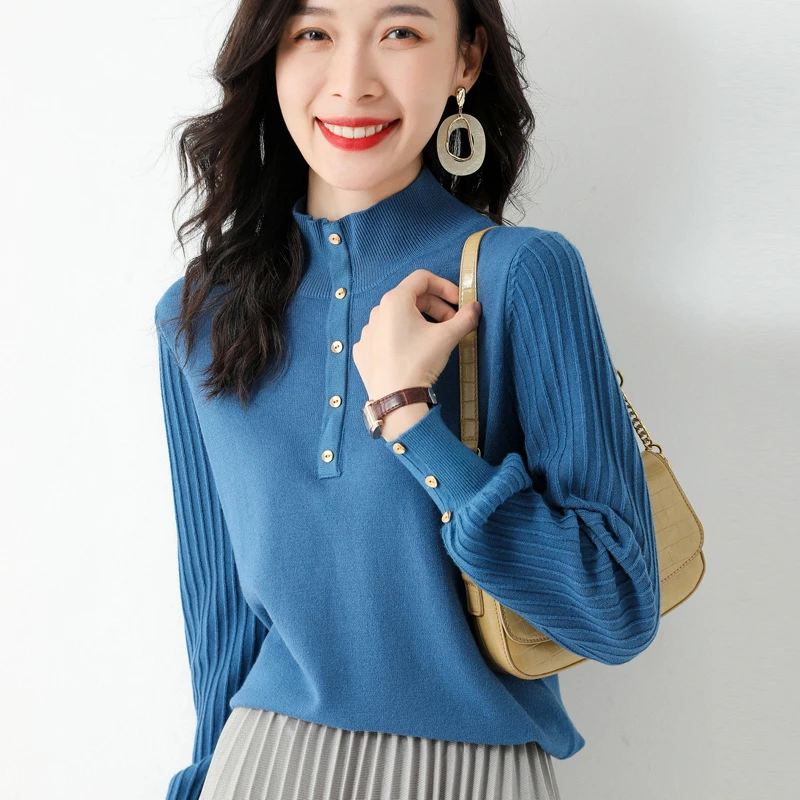 女士灯笼袖毛衣针织衫半高领毛衣套头百搭打底衫纯色秋冬上衣