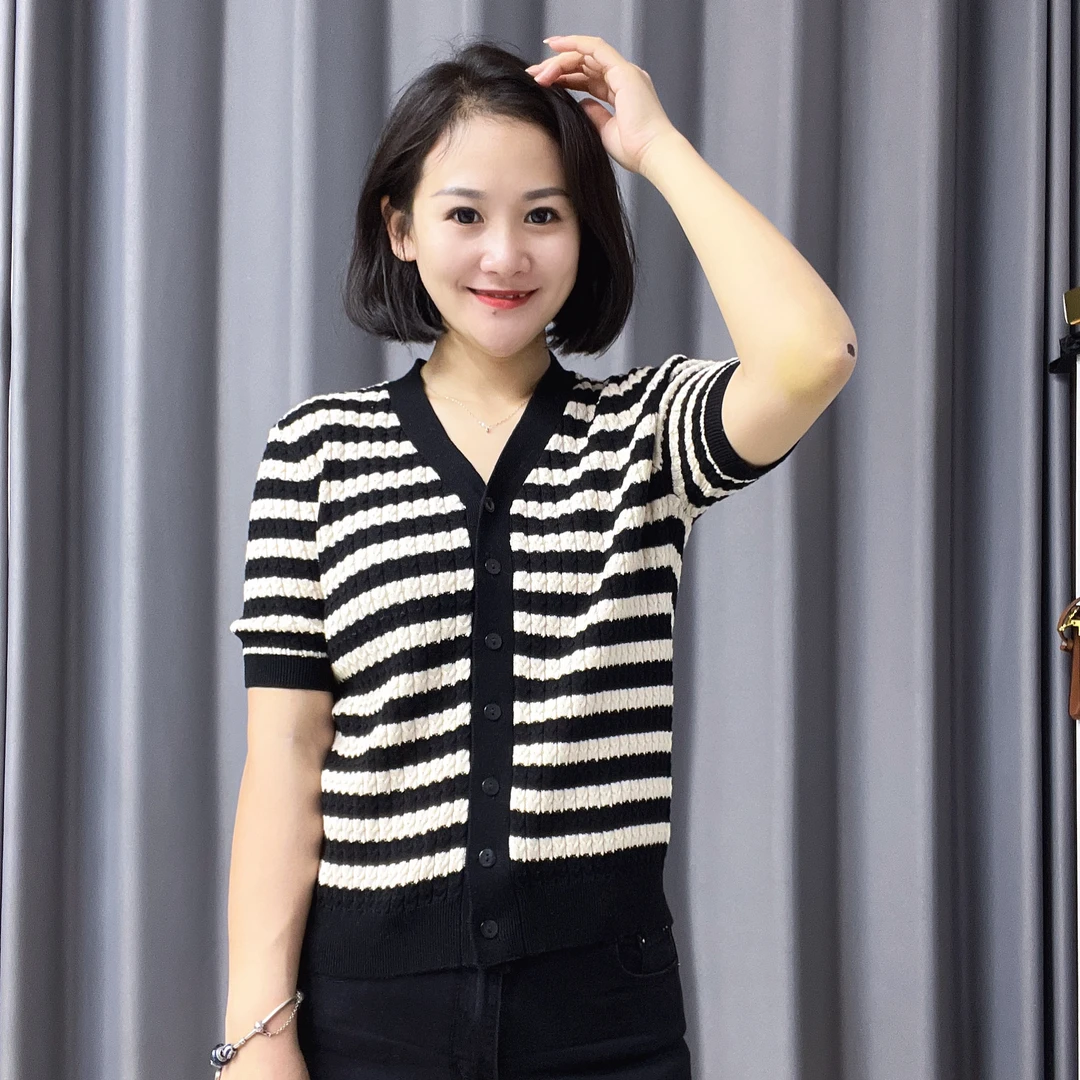 2023新款夏季薄款纯棉针织衫显瘦气质小香风条纹短袖上衣新疆棉