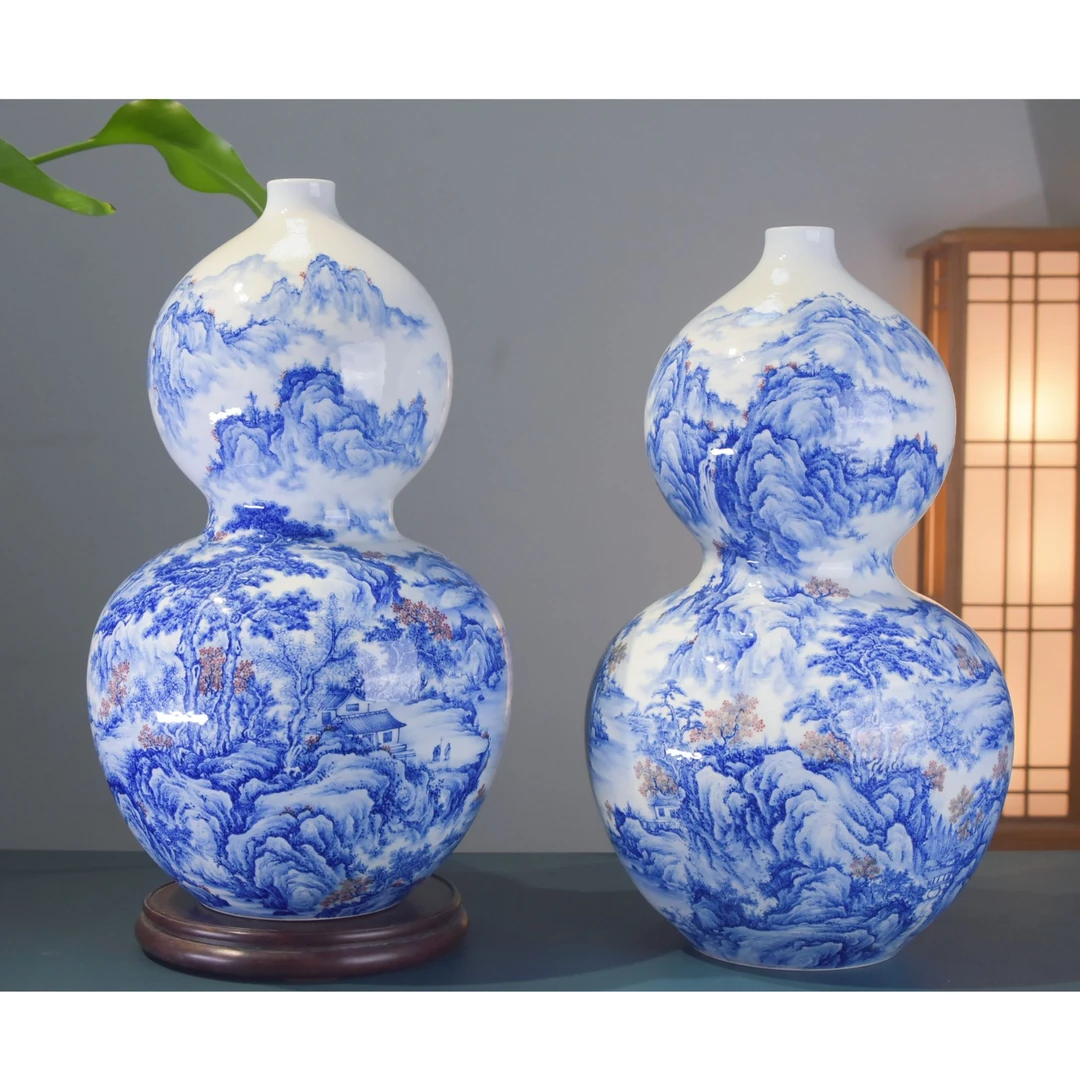 景德镇松石山房青花釉里红山水葫芦瓶福禄瓶200件摆件全手工手绘