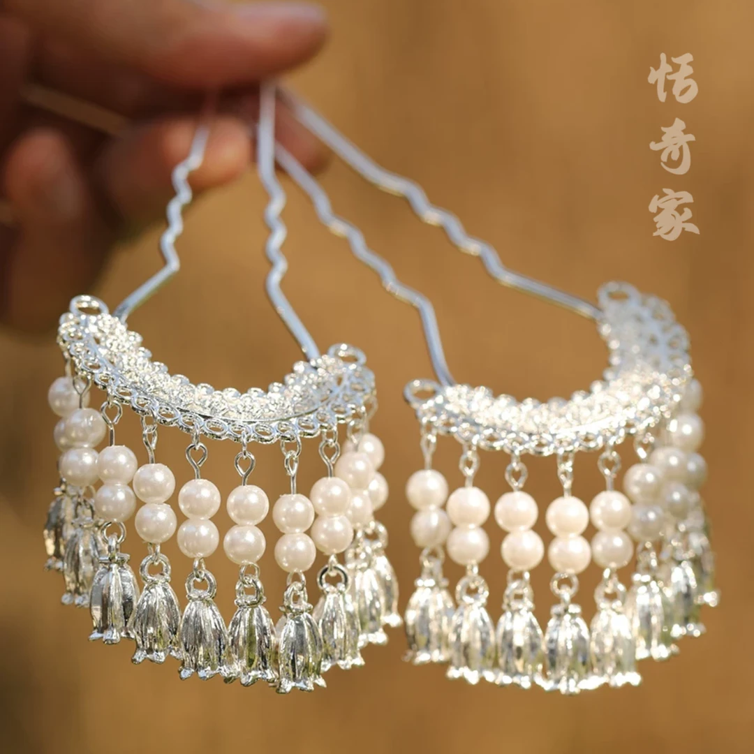 恬奇家9420“雨霖铃”唐风明制古风发簪u形双钗超仙简约簪发铃兰珠