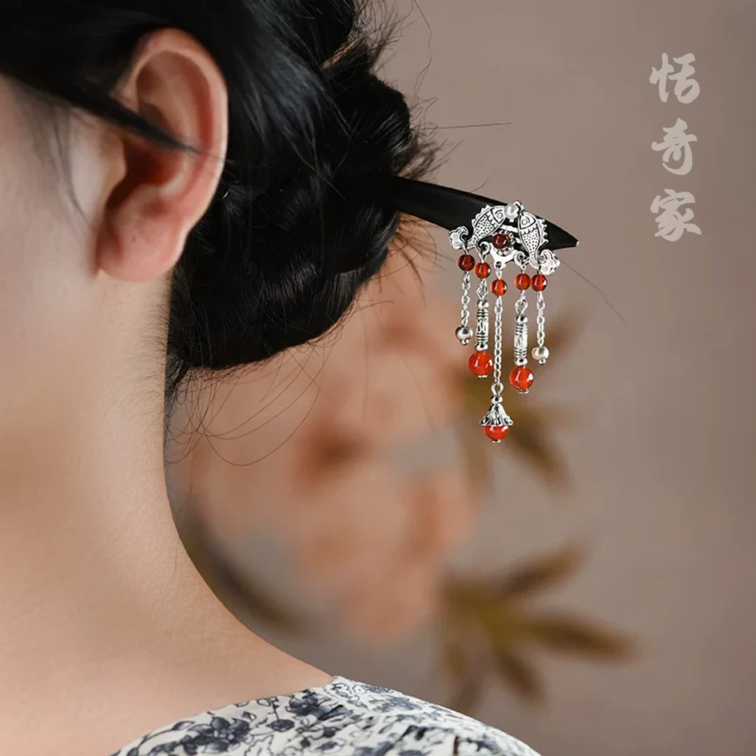 恬奇家8333“双喜临门”双锦鲤紫光檀木新中式苗发簪日常古风原创