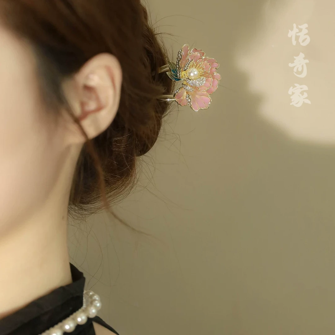 恬奇家8246“精致牡丹花”高定合金气质发簪原创百搭设计超仙清新