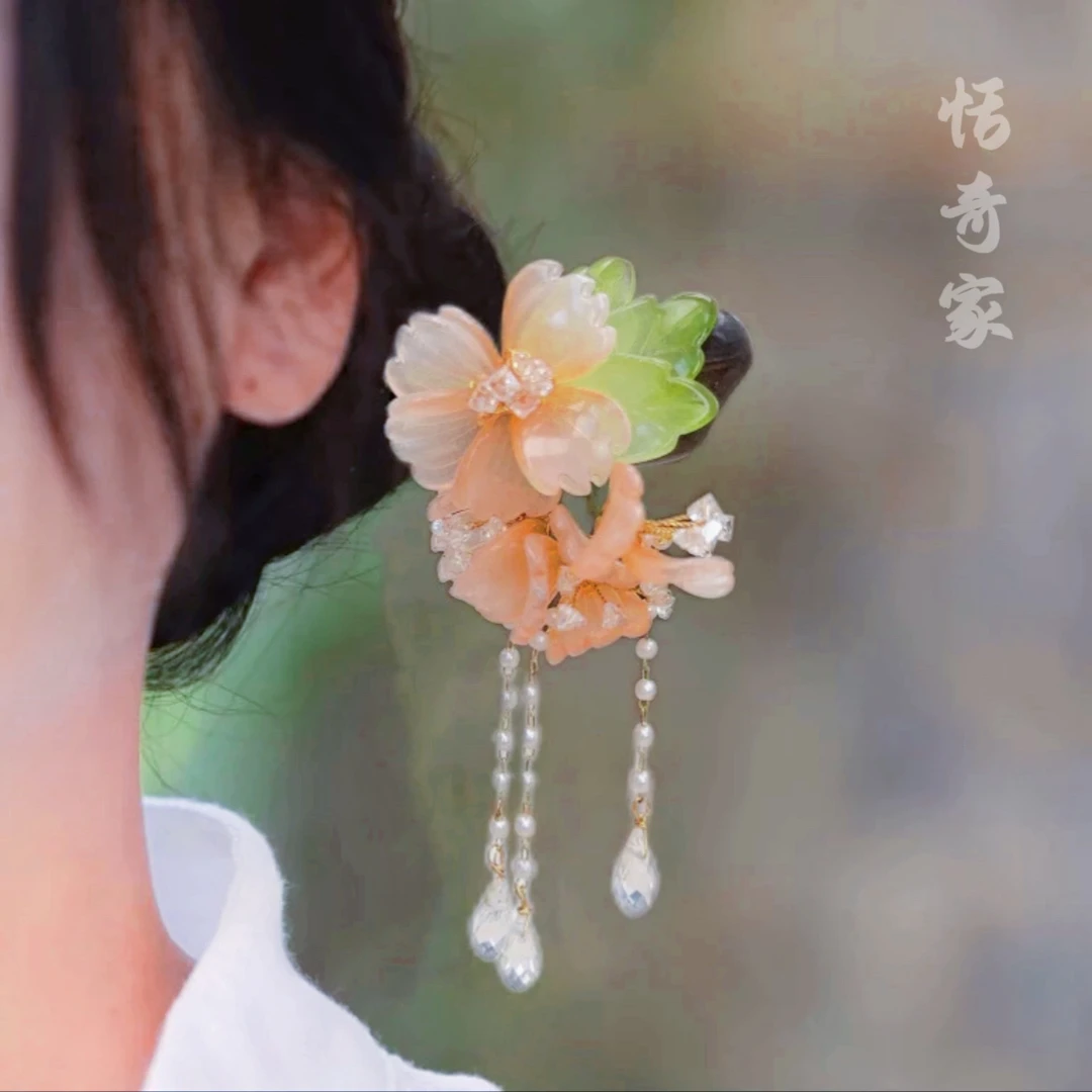 恬奇家4275“垂丝海棠”高定手工新中式流苏木质发簪超仙简约百搭