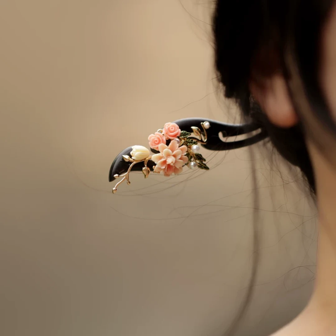 恬奇家1746“桃花开时”高定木质发簪粉色原创设计百搭日常夏日气质