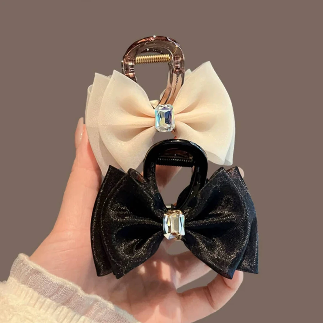 恬奇家0556“双面蝴蝶结”高端网纱抓夹女时尚水钻盘精致黑色轻奢