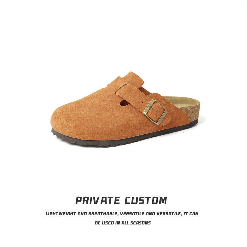 复古反绒牛皮软木勃肯鞋半包头休闲鞋秋冬情侣外穿拖鞋