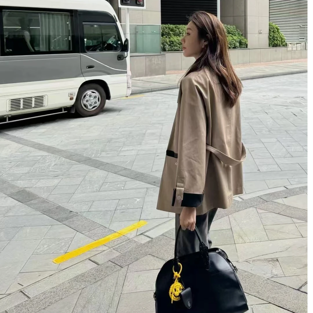 【TT专属】复古骑士风撞色皮革拼接中长款风衣时尚外套女