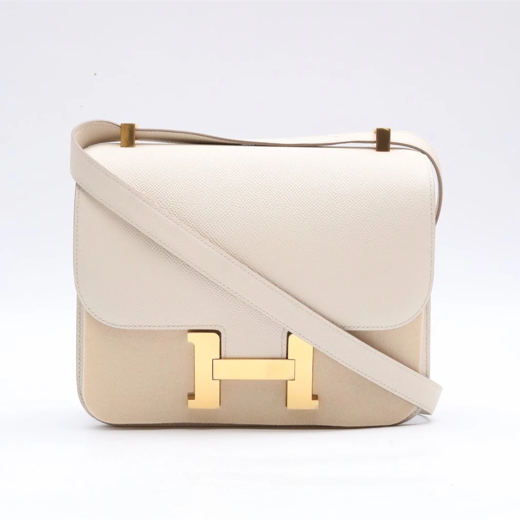 99新 Hermes/爱马仕 小花6枫康康24 奶昔白 Epsom皮 A刻 金扣包