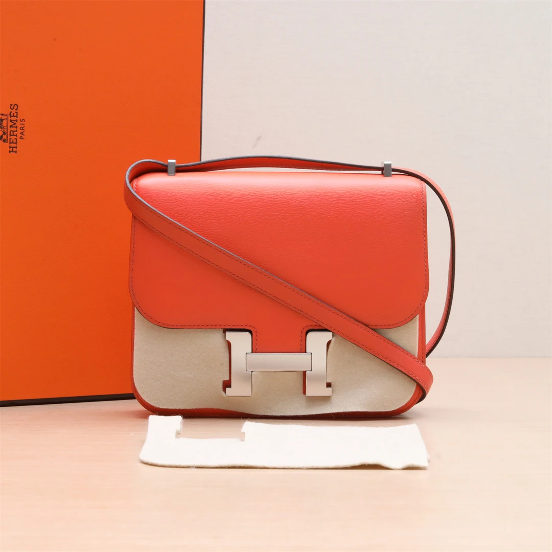 95新 Hermes/爱马仕 【小花念念】康康 19 5K柑橘橙 A刻 银扣包
