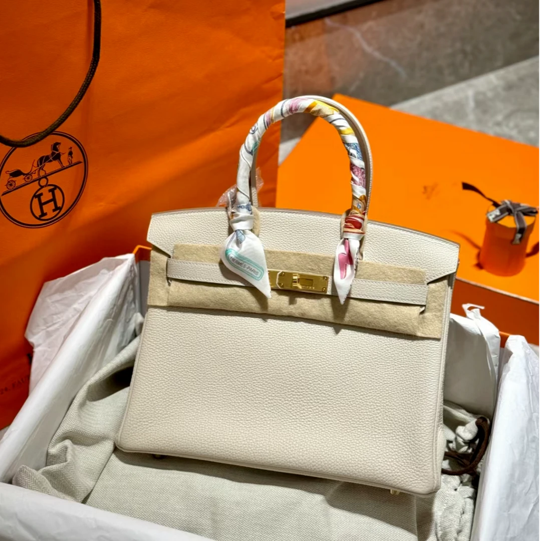 99新 Hermes/爱马仕 小花6欢 Birkin 30 奶昔白 togo皮 T刻金扣包
