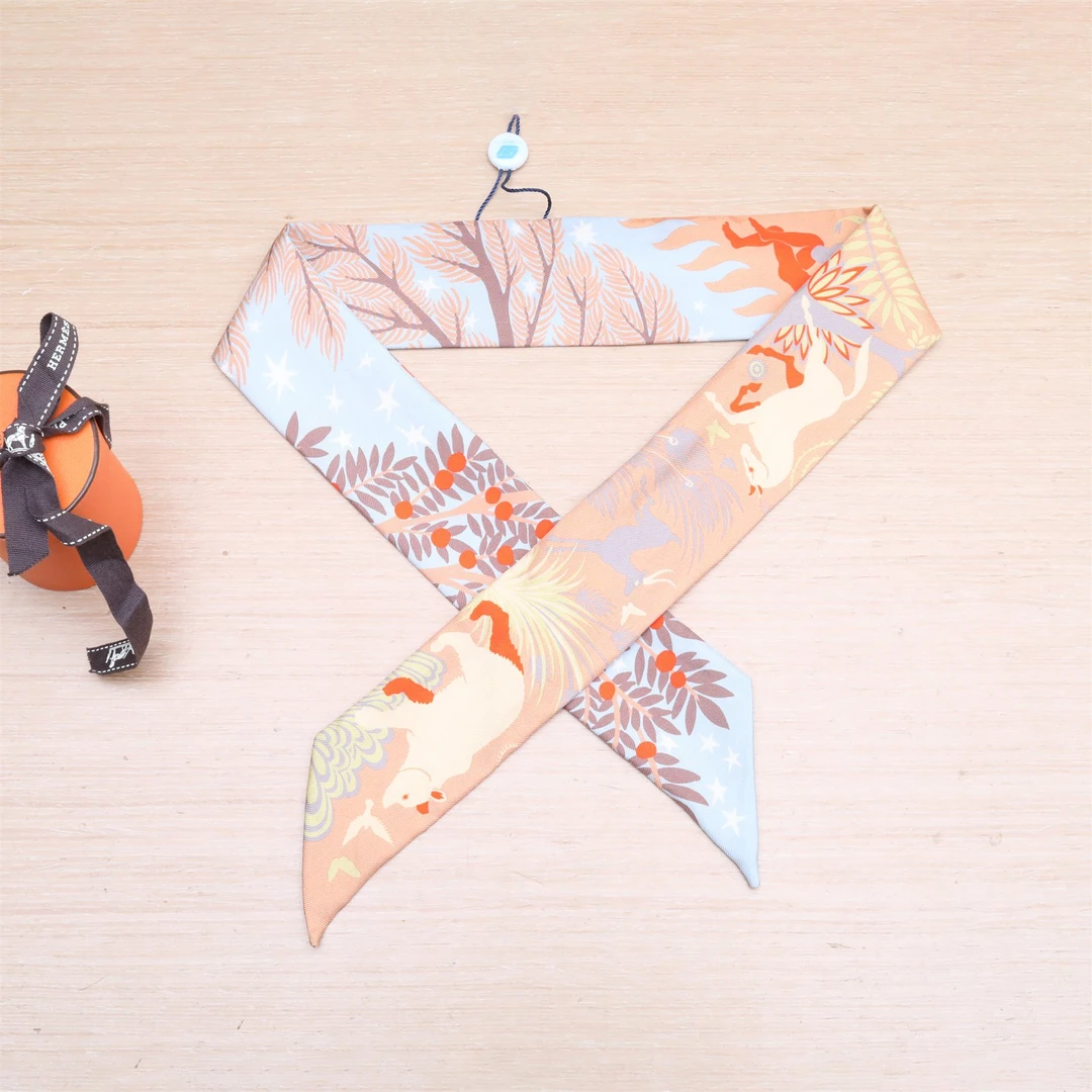 99新 Hermes/爱马仕 小花6欢 Twilly 小丝巾 绑包带 印花 桑蚕丝