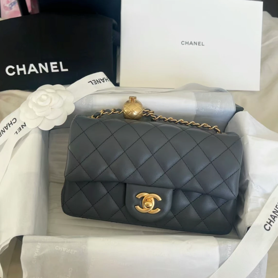 全新未使用 Chanel/香奈儿 小花6欢 CF金球大Mini 深灰色芯片开包