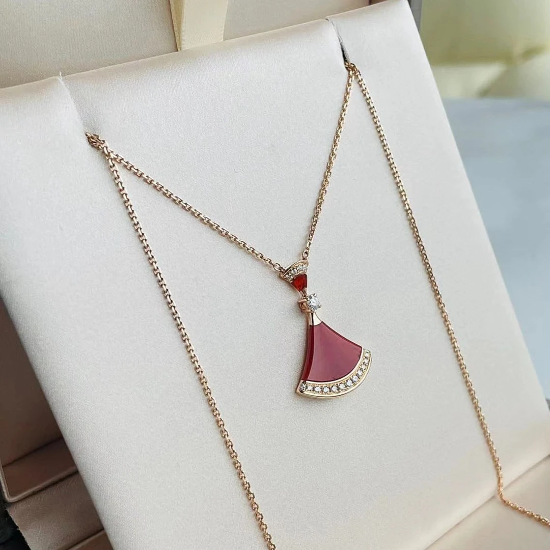 99新 BVLGARI/宝格丽 【小花念念】黄金扇子项链 红色镶边钻 项链
