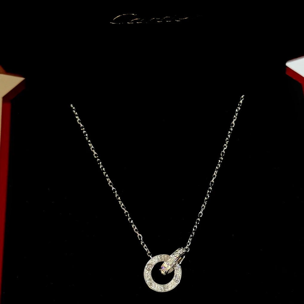 99新 Cartier/卡地亚 小花6欢 LOVE 双环满钻项链 18K白金