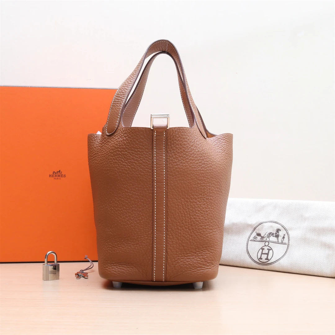 99新 Hermes/爱马仕 小花6枫18 菜篮子 金棕色 TC皮 U刻 银扣