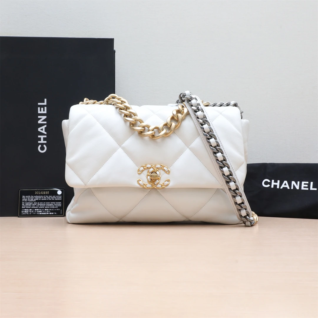 99新 Chanel/香奈儿 小花6欢 19BAG 口盖包 中号 30cm 白色 30开